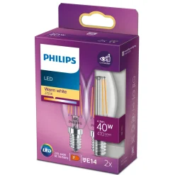 Philips 2-PAK KLAR LED PÆRE KERTE E14 4W